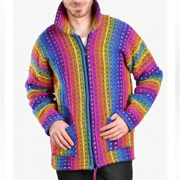 Unisex Ecuadorian 100% Wool Rainbow Cable Knit Full Zip Sweater - Picture 11 of 11